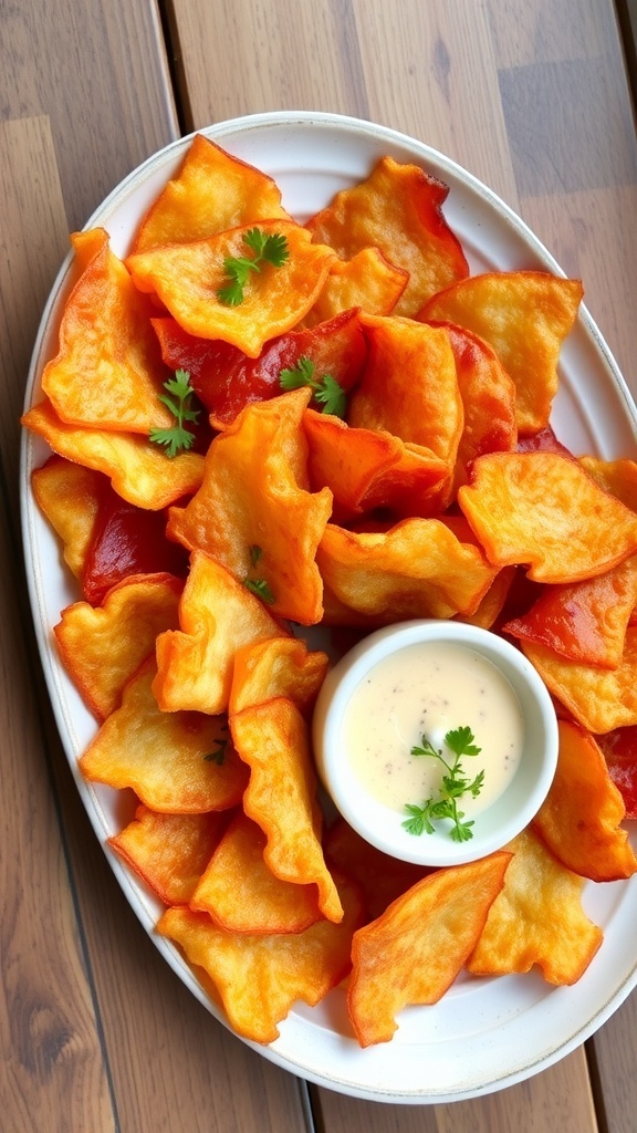 Crispy ham chips on a plate, garnished with herbs, served with a dipping sauce on a wooden table.